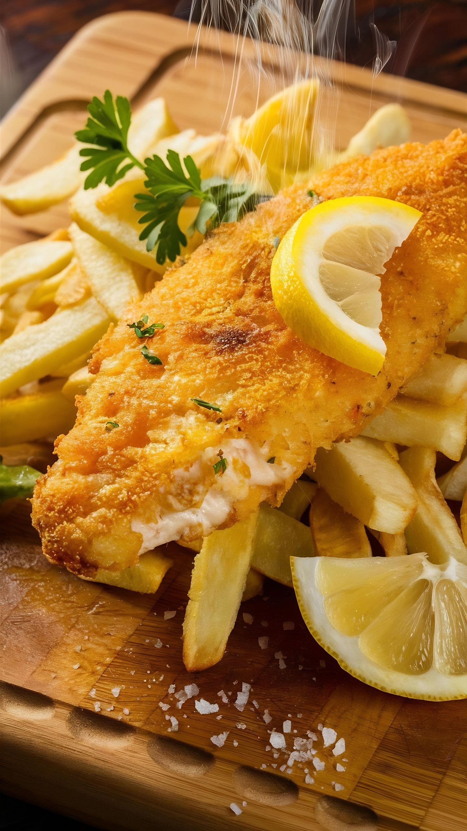 Panierter Backfisch mit Pommes frites und Zitrone auf dem Holzbrett