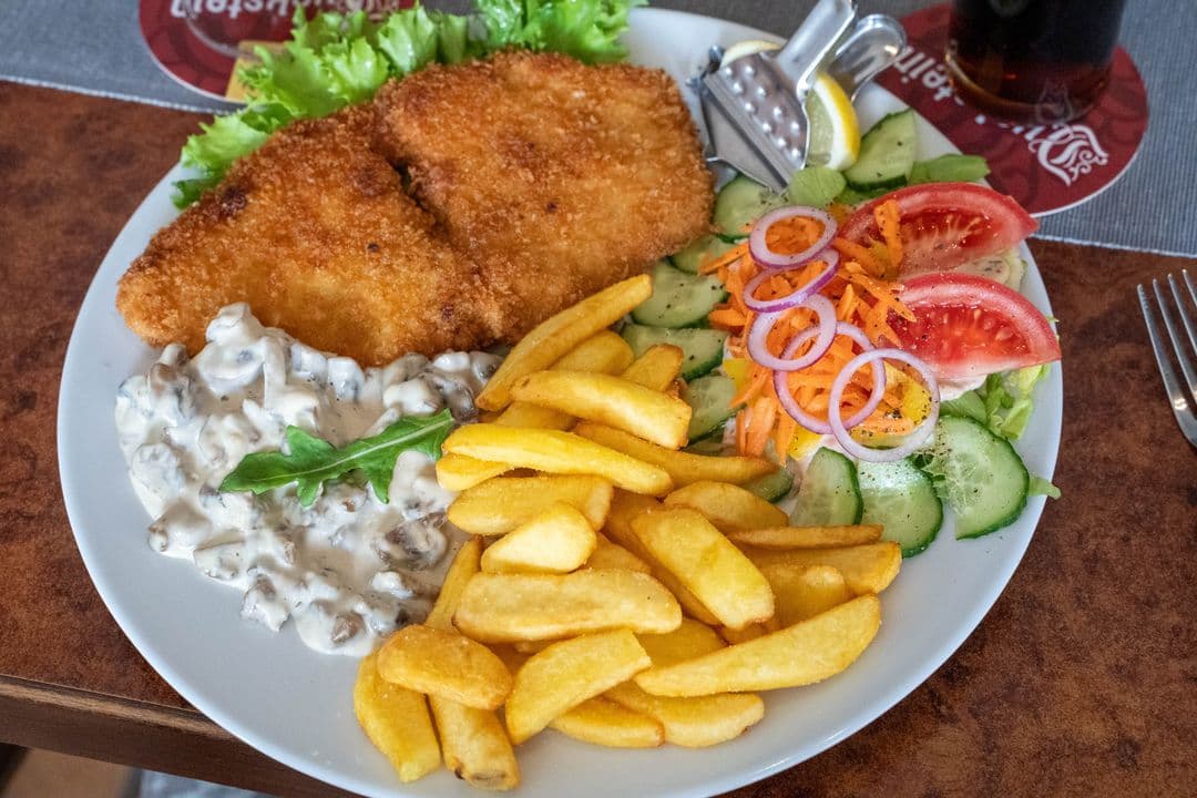 Schnitzel mit Champignonrahmsoße, Pommes und frischem Salat